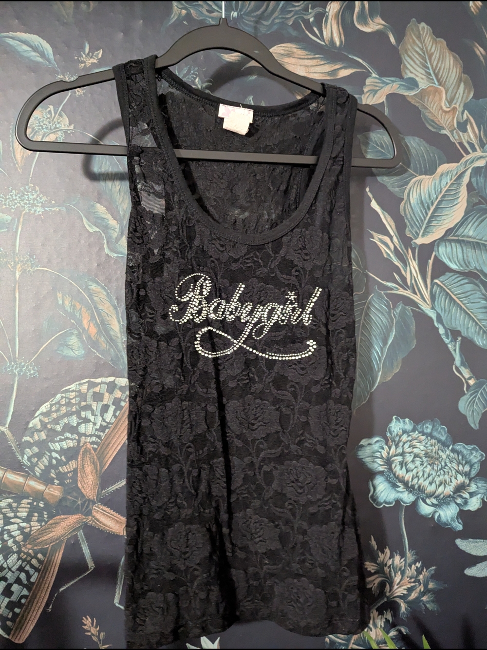 Iconic Vintage Y2K  Lipstick Rhinestone Babygirl   Floral Lace Tank Top Sz M